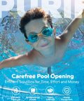 3 In 1 Pool Winter Closing Kit For Above Ground And Inground Pools Up To 30000 Gallons No Sweat All In One Chemical Bundle with a child smiling underwater.