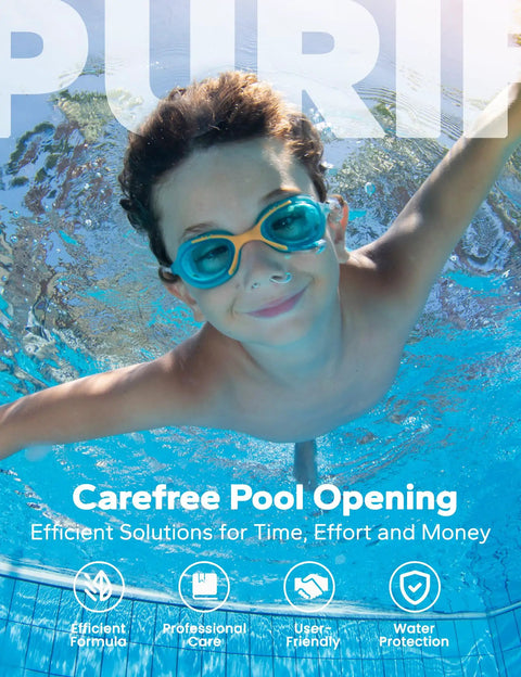 3 In 1 Pool Winter Closing Kit For Above Ground And Inground Pools Up To 30000 Gallons No Sweat All In One Chemical Bundle with a child smiling underwater.