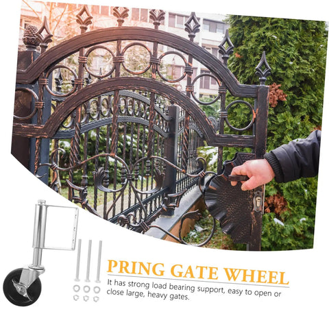 Heavy Duty Spring Loaded Gate Caster 75Kg Cold Rolled Steel Wheel mounted on a gate, supporting smooth operation on uneven surfaces.