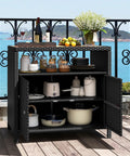 Outdoor Wicker Bar Cabinet With PE Rattan Construction, Durable Acacia Wood Countertop, Open Shelf And Two Doors, Buffet Sideboard Organizer