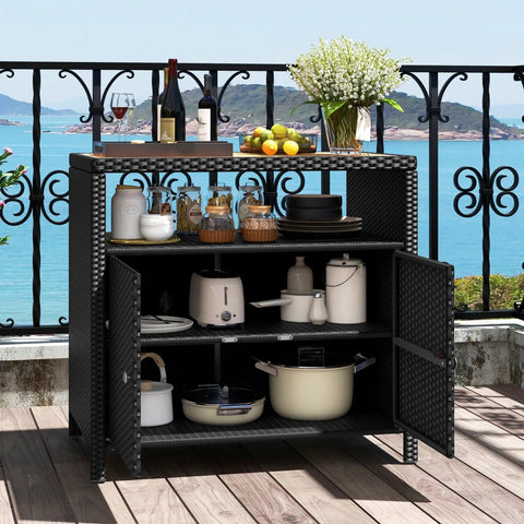 Outdoor Wicker Bar Cabinet With PE Rattan Construction, Durable Acacia Wood Countertop, Open Shelf And Two Doors, Buffet Sideboard Organizer