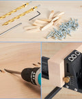 Pocket Hole Jig Kit Second Generation Upgrade with drilling bits, dowels, screws, and adjustable depth gray steel jig in woodworking use.