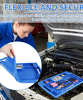 Mechanic using Blue Silicone Tool Tray For Auto Repairs Flexible Magnetic Tool Holder With Small Parts Tray Non Slip Organizer 14 By 9 By 0.79 Inches Deep Durable Car Maintenance Storage For Tools And Tiny Parts on vehicle hood.
