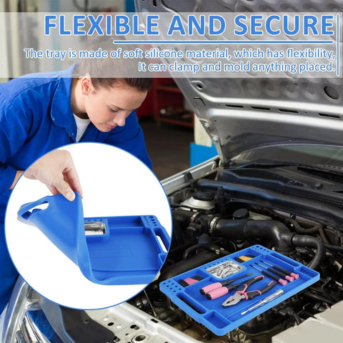 Mechanic using Blue Silicone Tool Tray For Auto Repairs Flexible Magnetic Tool Holder With Small Parts Tray Non Slip Organizer 14 By 9 By 0.79 Inches Deep Durable Car Maintenance Storage For Tools And Tiny Parts on vehicle hood.