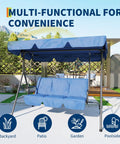Three-Seat Outdoor Porch Swing With Adjustable Canopy And Removable Cushions Powder-Coated Steel Frame Sturdy Stand Blue Patio Swing in garden setting.