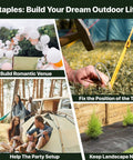 Collage showing uses for Beefy 4 Inch U Shaped Landscape Staples Pack Of 40 For Soaker Hose Drip Line Tubing Garden Galvanized 11 Gauge Ground Stakes Built To Last Lawn Yard Outdoor Decor in outdoor settings.
