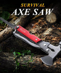 14-In-1 Multitool Camping Axe Hatchet with knife, hammer, saw, bottle opener, can opener, and pliers on log outdoors
