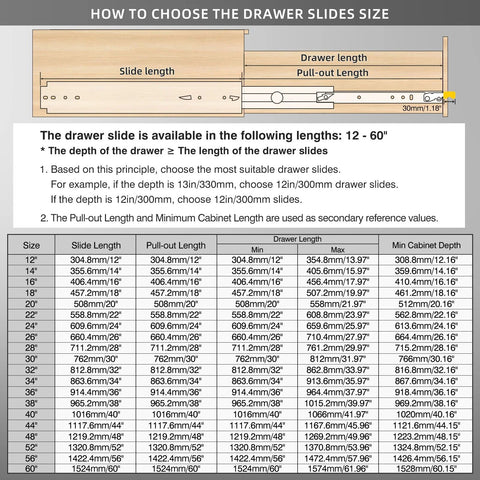 BAIDICE heavy-duty drawer slides with lock, 12in – size guide diagram showing available lengths and cabinet depth.