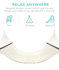 Two Person Outdoor Hammock With Spreader Bars And Cotton Rope hanging, showing spacious design and twisted cotton rope