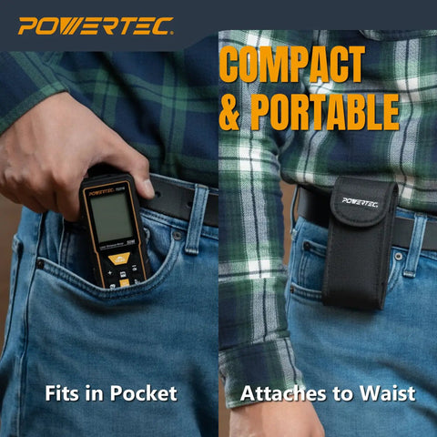Straight Shooter Laser Measure 165 Ft Range Digital Distance Meter fits in pocket and attaches to waist for portability.