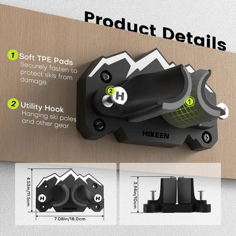 Space Saving Ski And Snowboard Wall Mount With Non Slip Rubber Grip Pads Garage Storage Rack details, black and gray utility hook, soft TPE pads.