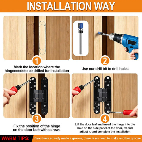 Installation guide showing Dead Simple Slick Hidden Door Hinges Heavy Duty Zinc Alloy Concealed Hinge Brackets steps.