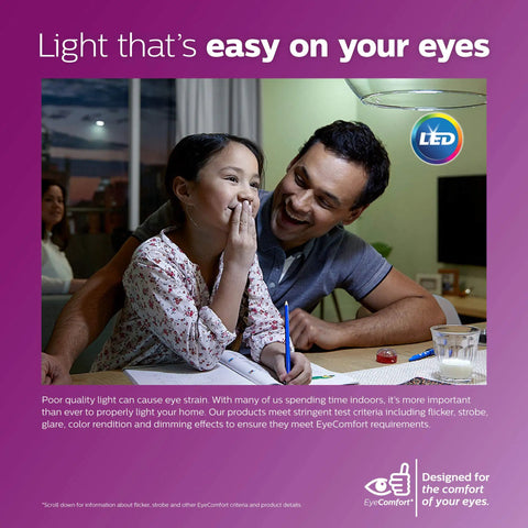 Father and daughter smiling under LED Basic Frosted A19 Light Bulb Non Dimmable EyeComfort Technology in living room