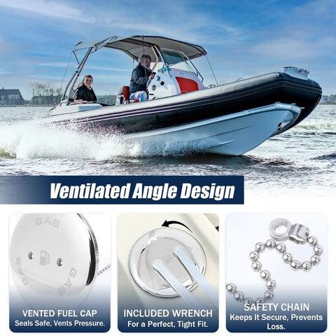 Boat Gas Cap Replacement for Deck Fill Systems 0540 0541 0556 0557 and 263 Marine Fuel Cap shown with boat on water