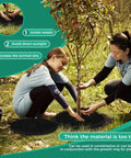 Two people installing a 8 Pack 20.47 Inch Nonwoven Mulch Mats For Landscaping Reusable Weed Control Fabric Degradable Tree Barrier Mat for Root Protection outdoors.