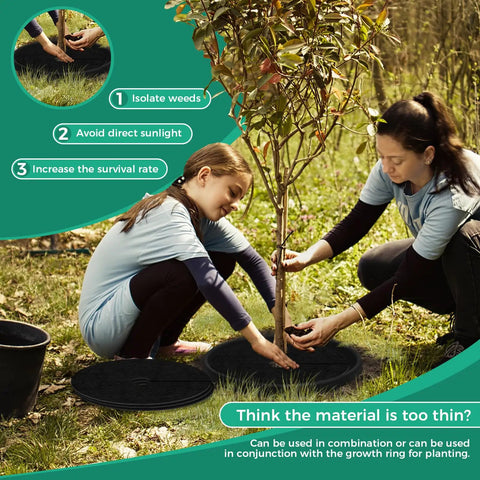 Two people installing a 8 Pack 20.47 Inch Nonwoven Mulch Mats For Landscaping Reusable Weed Control Fabric Degradable Tree Barrier Mat for Root Protection outdoors.