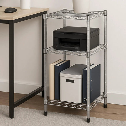 Rock Solid 3 Tier Stackable Chrome Wire Shelving Rack Carrying 200 Lb Per Shelf holding books and printer beside a desk.