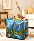 Slick 13 Inch Foldable Cube Storage Bins For Closets And Shelves Easy Clean Waterproof Bin With Reinforced Handles with toys inside.