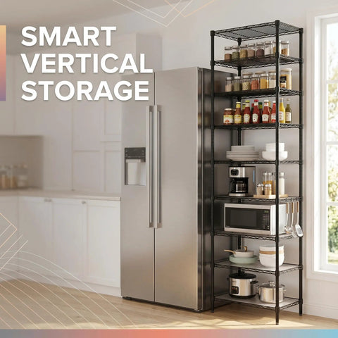 Level Up Your Home Organization Game With This Adjustable 9 Tier Steel Wire Shelving Rack, 81 Inch Tall Heavy Duty Extra Large Capacity Storage Unit, Black in kitchen with pantry items.