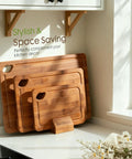 Top Shelf Deep Carbonized Bamboo Cutting Board With Sturdy Wood Storage Stand showcasing three boards in a kitchen setting.