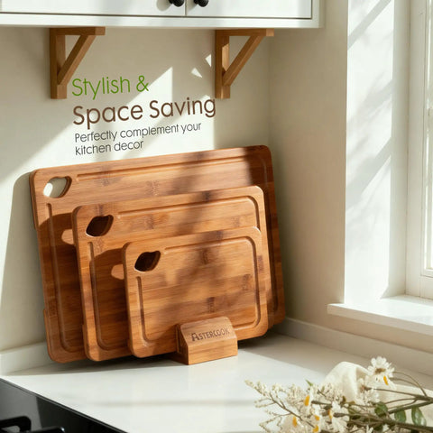 Top Shelf Deep Carbonized Bamboo Cutting Board With Sturdy Wood Storage Stand showcasing three boards in a kitchen setting.