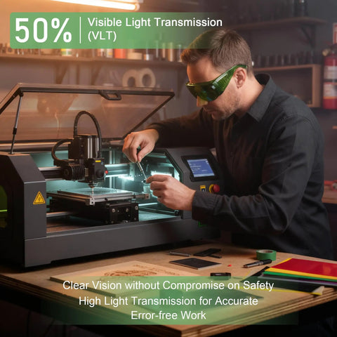 Heavy Duty Laser Safety Goggles Delivering Serious Eye Protection Against Hazardous Beams For Welding Marking Cleaning And Machine Shops Featuring Real Talk Anti Glare Coatings And Polycarbonate Shields That Are Actually Built Different worn by a man using a laser engraving machine.