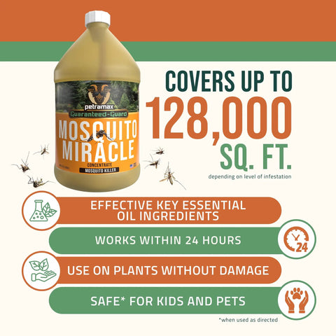 Miracle Outdoor Mosquito Spray For Yard Pet Safe Concentrate bottle with coverage details and benefits highlighted.