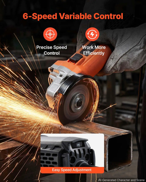 Badass Hustle Ready 4.5 Inch Angle Grinder 1400W High Amp Electric Motor demonstrating 6-speed variable control for metal cutting.