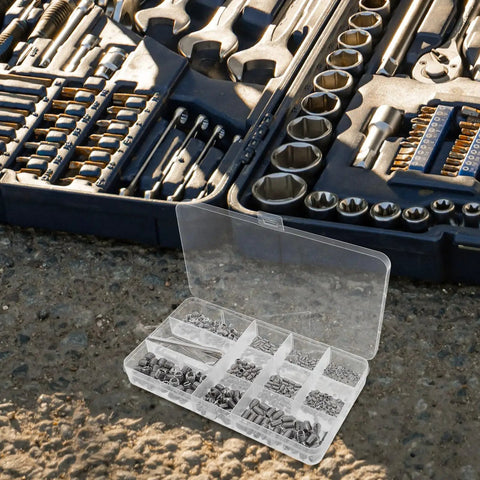 Stainless Steel Shower Panel Screw Kit 400 Piece Assortment With Small Self Tapping Screws in open toolbox on concrete surface