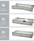 Steps to set up 2 Pack Slick Under Bed Storage Containers Grey Low Profile Clothes Bins Collapsible for organization.