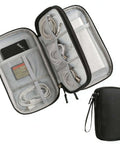 Slick Hard EVA Travel Organizer Case For Power Bank Charger Cables Phone Accessories With Portable Shockproof Build open showing cables and charger.