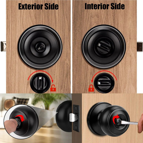 10 Pack Matte Black Privacy Door Knobs With Keyless Interior Lockset Includes Hardware And Instructions Adjustable Backset For Standard Doors Wall Protectors And Strike Plates For Easy Install, showing interior and exterior views