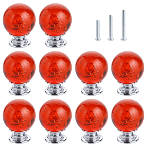 Ten Pack Of Slick Red Crystal Glass Bubble Cabinet Knobs Round Drawer Pulls And Dresser Handles For Kitchen Cupboards With Zero Hassle Mounting Hardware 30 mm Size, featuring shiny red glass knobs.