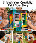 Outdoor Little Library Box With Stand And Nameplate, Weather Resistant Natural Wood Finish, Clear Doors To Keep Books Dry, painted by children