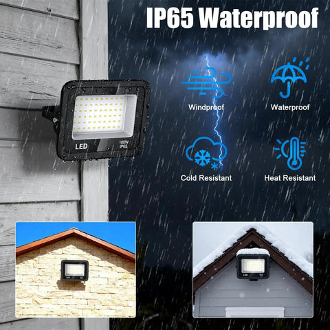 Two Pack 200W LED Flood Lights Outdoor Hella Bright 18000 Lumen Security Lighting With Rock Solid IP65 Waterproofing And Wide Beam Angle For Garage Yard Patio Or Front Door on a rain-soaked wall.