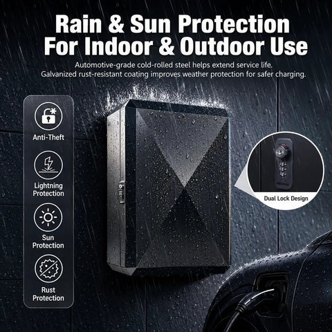 Heavy Duty Steel EV Charger Enclosure With Lockable Faceted Door Weather Resistant Outdoor Charging Station Cover in rain.