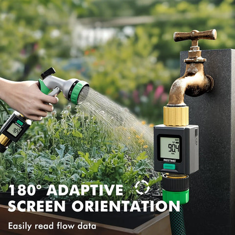 Smart Water Flow Meter With Backlit Screen And Brass Inlet And Outlet, showing flow rate on display, attached to garden tap.