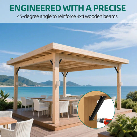 Beefed-Up Heavy Duty 8 Pack 45 Degree Angle Bracket Kit For 4x4 Wood Posts And Beams Carbon Steel With Black Powder Coat Pergola Gazebo Patio Cabin Outdoor Support Brackets