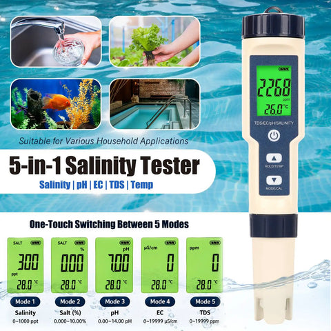 Slick Digital 5 In 1 Pool Water Tester Drops Crisp Ph Salt Tds Ec And Temp Readings In Seconds, showing multiple measurement modes.
