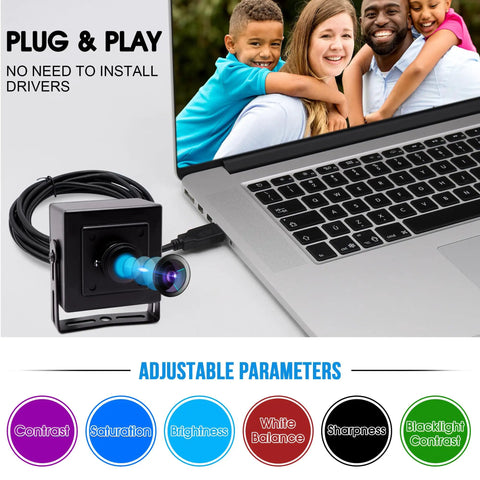 Mini Aluminum USB Security Camera With 170 Degree Wide Fisheye Lens 5MP HD connected to laptop, showing plug and play feature