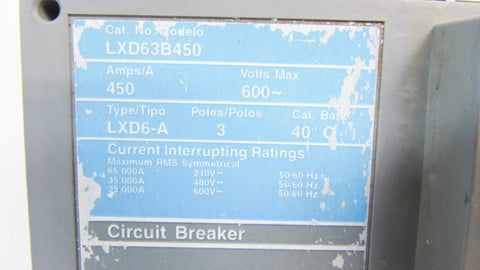 Top Shelf 450 Amp 600 Volt Three Pole Industrial Circuit Breaker showing specifications and current ratings.