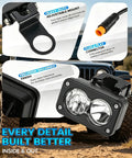 Rock Solid 20W 6500K LED Headlight for Electric Bikes and ATVs, close-up of waterproof mount and 3-pin connector on rugged terrain