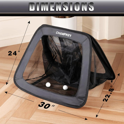 Double Sided Golf Chipping Net With Practice Mat And 12 Foam Balls For Indoor And Outdoor Golf Training shown with dimensions