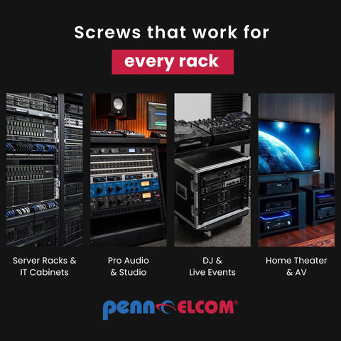 Badass Heavy Duty Rack Screws With Washers Black Steel Mounting Hardware For Gear Racks Ten Thirty Two Thread Three Quarter Inch displayed in various rack setups.