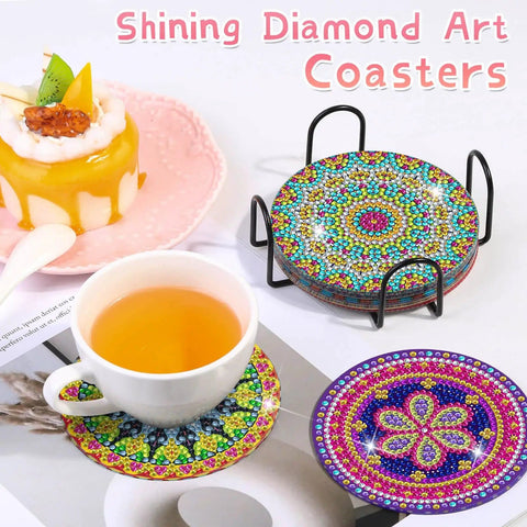 Diamond Painting Coasters Kit With Holder And Accessories, 8 Mandala Coasters For Beginners And Kids displayed with tea cup
