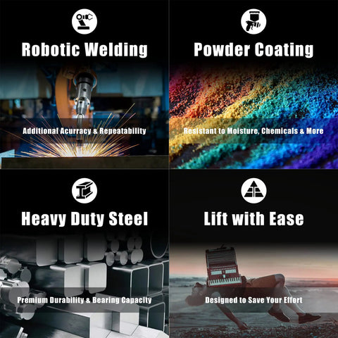 Robotic welding and powder coating techniques used in Beefy 10 Ton Double Ram Ultra Low Profile Hydraulic Bottle Jack for durability.