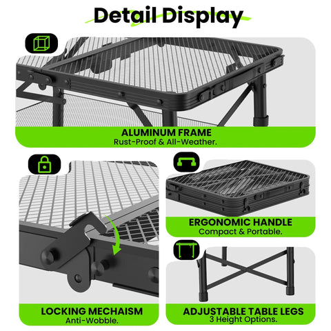 Detail view of Adjustable Folding Camping Table With Three Height Levels Up To 27 Inches focusing on aluminum frame and locking mechanism.