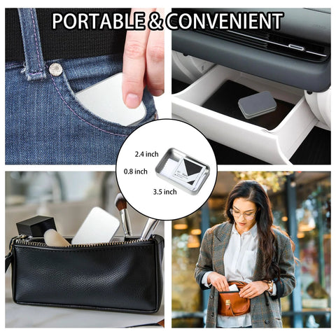 Eyeglass lens wipes; 200-count with 6 microfiber cloths in a metal tin; portable kit shown in pocket and car.