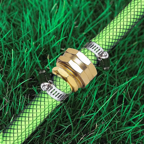 Garden Hose Repair Connector Kit With Clamps For 3/4 Or 5/8 Inch Hoses Male And Female Adapters Aluminum Connectors And Stainless Steel Clamps in use
