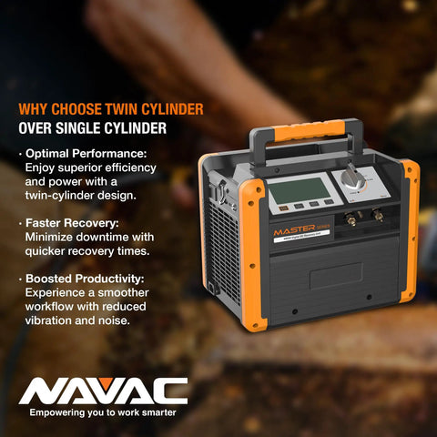 Built Tough Twin Cylinder A2L Safe Air Conditioning Recovery Pump With Fast Brushless DC Motor One Press Digital Display showing features.